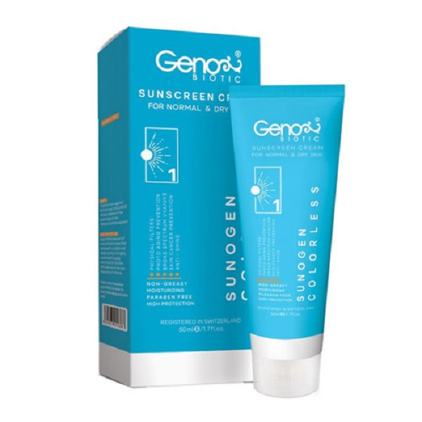 کرم ضدآفتاب بی رنگ ژنوبایوتیک مناسب پوست های خشک و معمولی